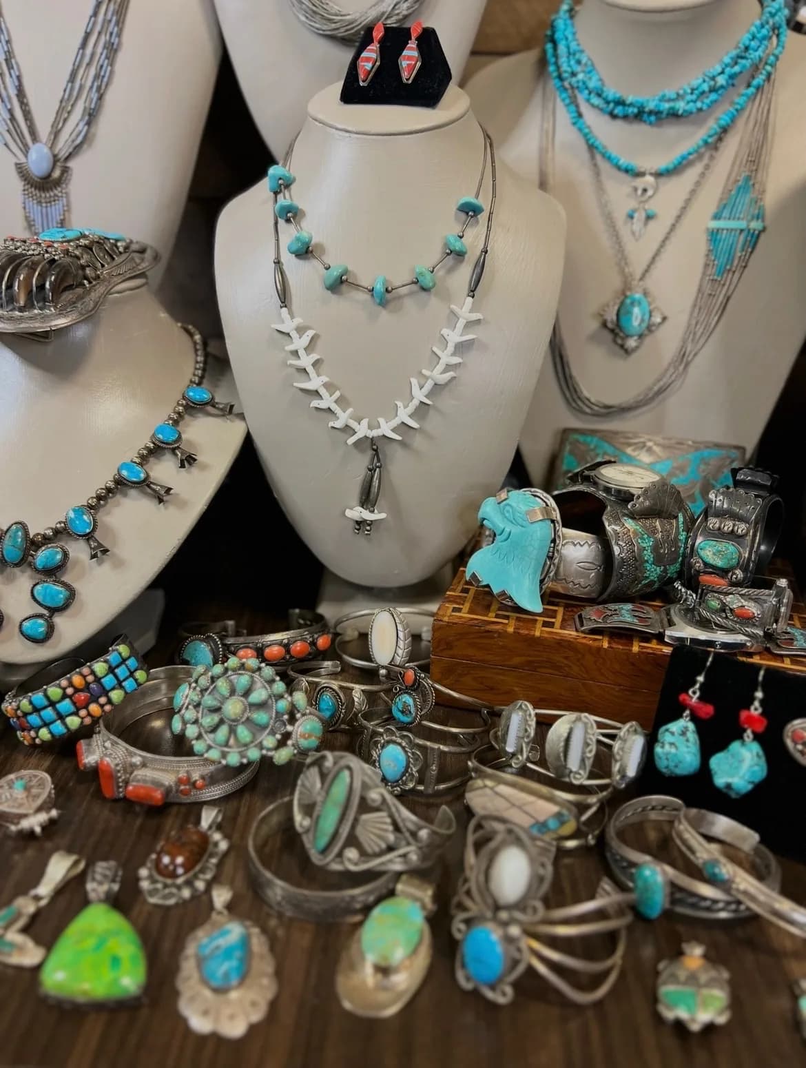 Turquoise and silver jewelry displayed in the Smyrna showroom